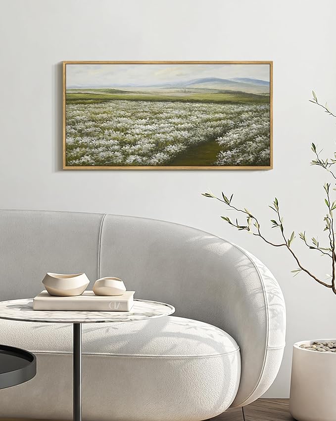 SHENIFY Vintage Landscape Framed Wall Art Meadow with Flowers Scenery Farmhouse Decor Rustic Retro Grassland Wildflower Field Painting for Kitchen Bedroom Bathroom - 8x16in Natural Framed