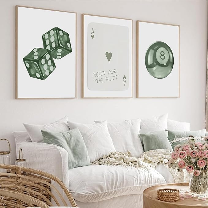 BOKPEN Green Poker Dice Canvas Wall Art Funky Y2K Trendy Preppy Pictures Lucky 8 Ball Poster Sage Prints Artwork Painting for Game Room Apartment Dorm Aesthetic Decoration 12x16in Unframed