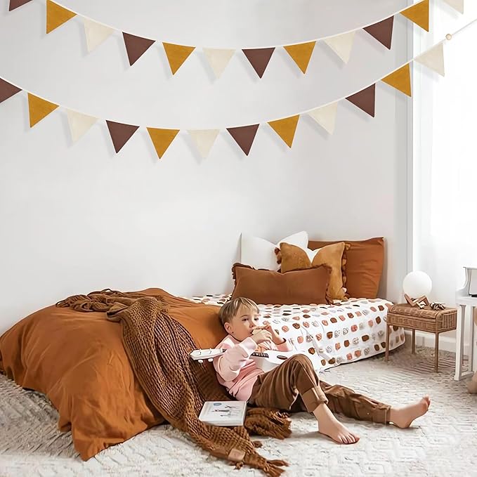 2 Sets of Brown Ginger Beige Nursery Garland 24Pcs Neutral Fabric Linen Pennant Banner Flags Triangle Streamers for Baby Playroom Decor Kids Camping Birthday Baby Shower Boho Party Decorations