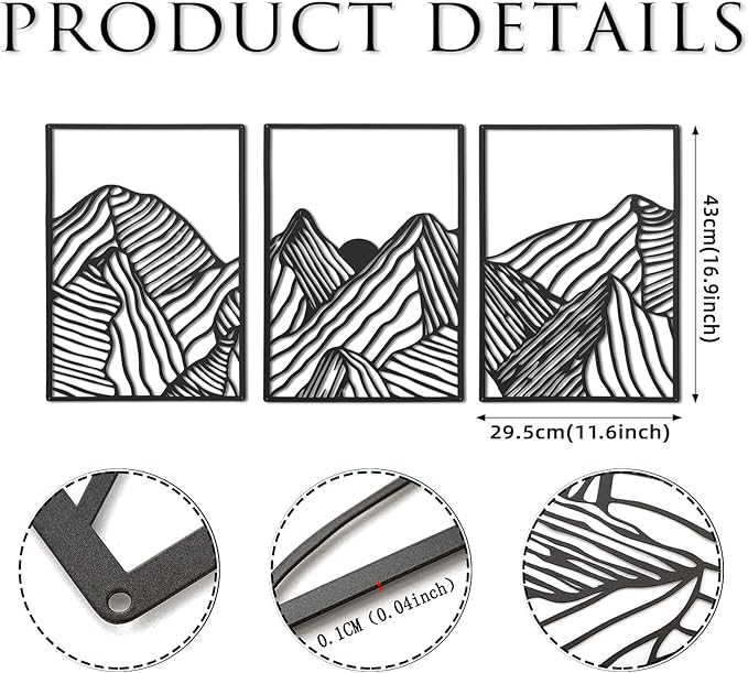 Peryiter 3 Pcs Metal Wall Art Decor Landscape Mountain Wall Hanging Decor for Living Room Abstract Minimalist Modern Mountain Line Pictures Bathroom Office Home Gifts Indoor(Black)