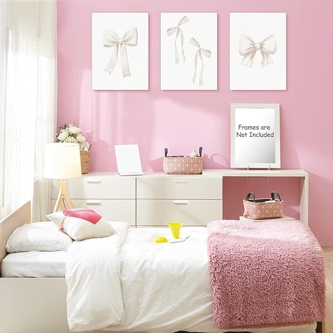 Djmwtb Preppy Bow Canvas Wall Art Beige Coquette Poster Prints Set of 3 Girly Apartment Aesthetic Pictures College Dorm Painting Decor for Girls Bedroom 12x16in Unframed