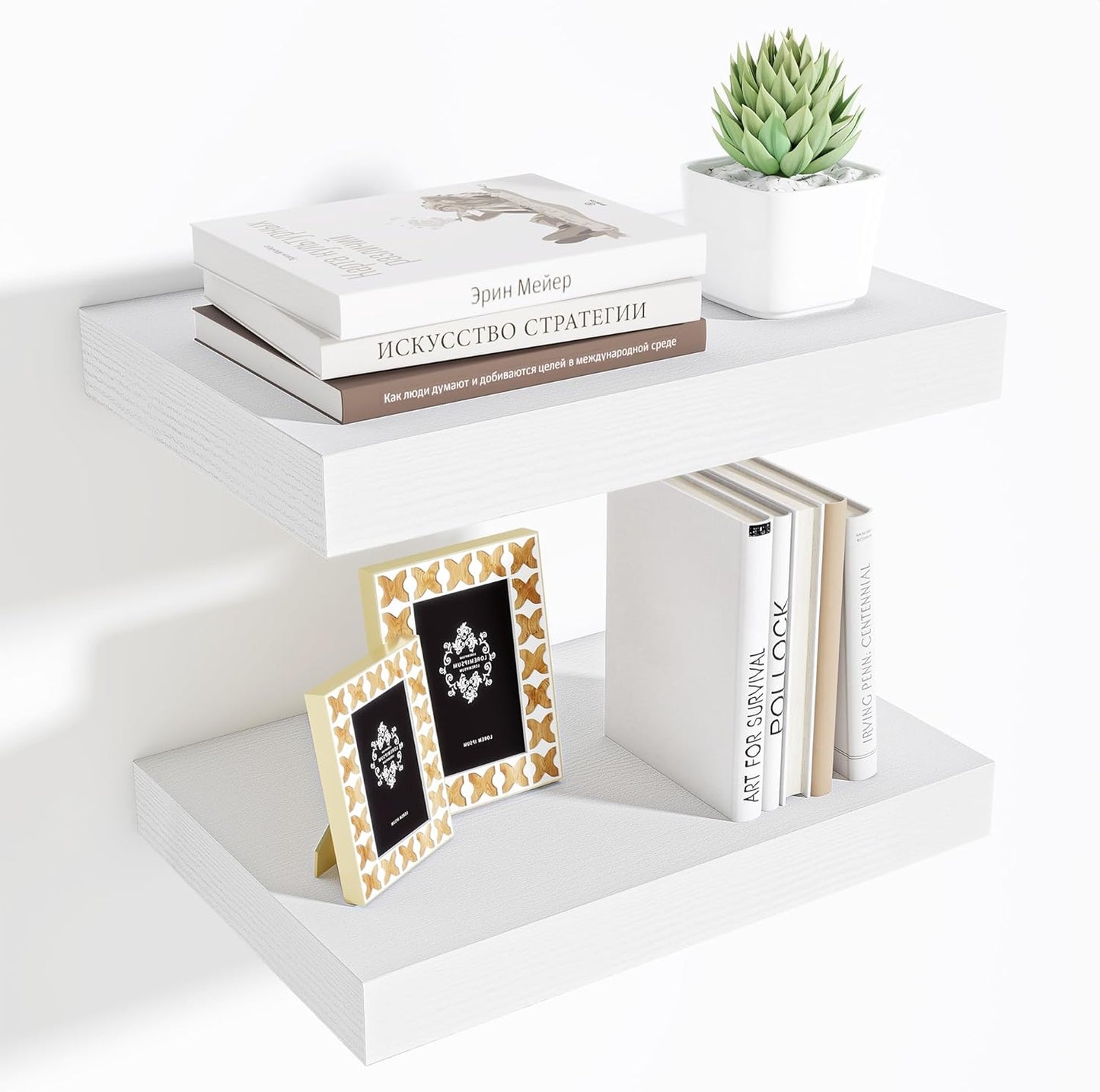 Fun Memories Wood Floating Shelves 16 Inch, 10 Inch Deep Shelves Wall Mount, Wall Shelves with Invisible Bracket, 16" Floating Shelves for Living Room Bathroom Bedroom, White, Set of 2