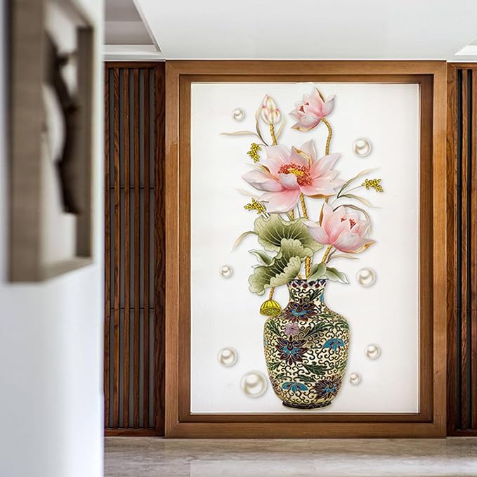 Chinese Style Lotus Flower Vase Wall Sticker, 24"x47" Classical Lotus Flower Wall Decals Murals Peel and Stick 3D Wall Art Stickers for Girls Bedroom Nursery Living Room TV Home Decor
