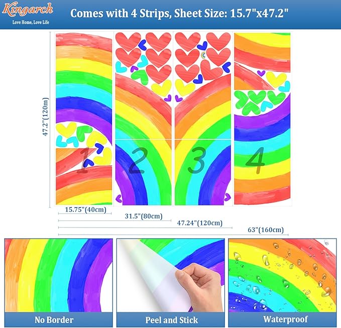 Large Watercolor Rainbow Wall Decals, Hearts Peel and Stick Fabric Nursery Wall Decor, Removable Home Room Wall Decor Murals Stickers for Kids Girls Toddler Bedroom Living Room Playroom