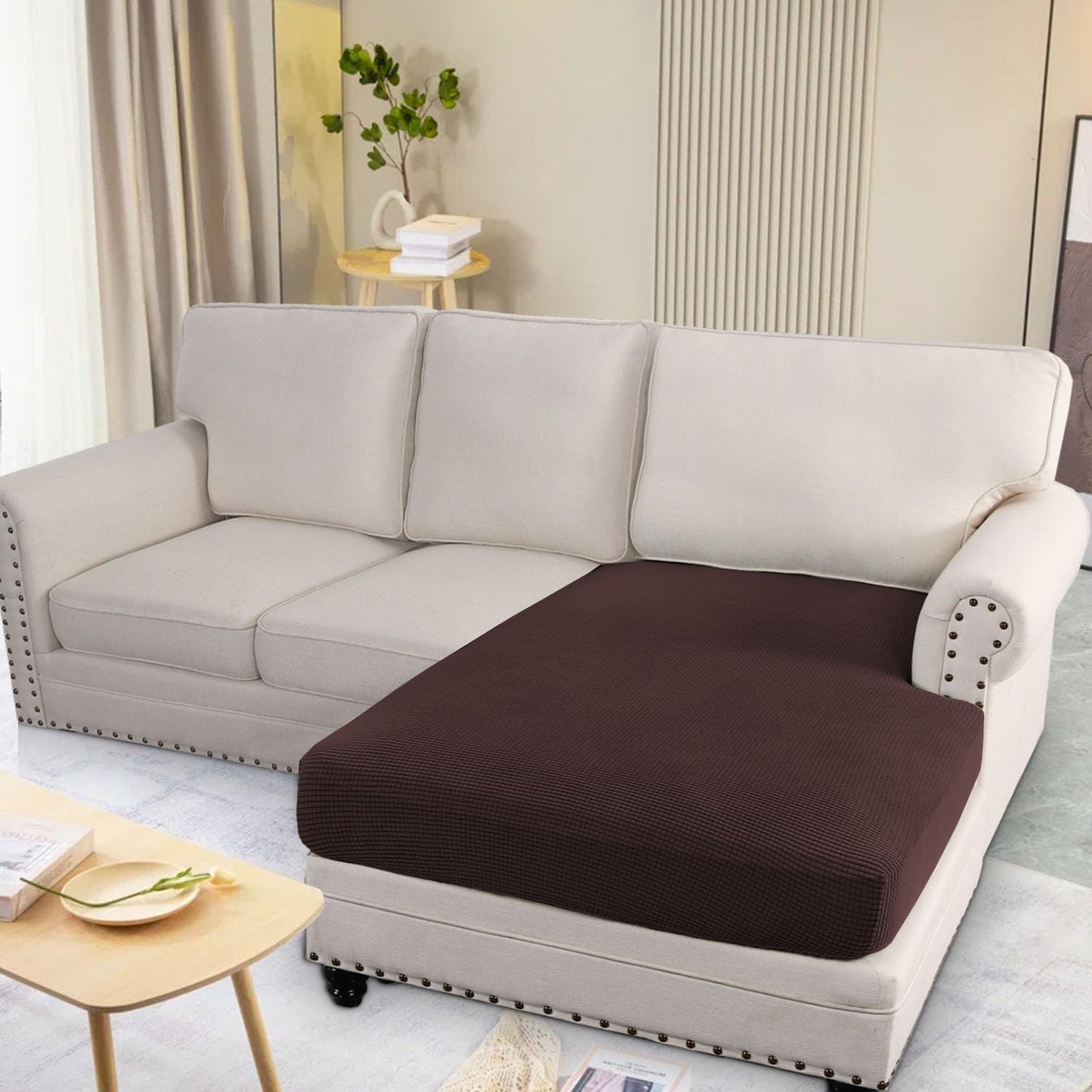 H.VERSAILTEX Super Stretch Individual Chaise Cover Sectional Couch Covers for L Shaped Sofa Both Left/Right Featuring Thick Jacquard Textured Twill Fabric (1 Piece Chaise Cover Large, Chocolate)