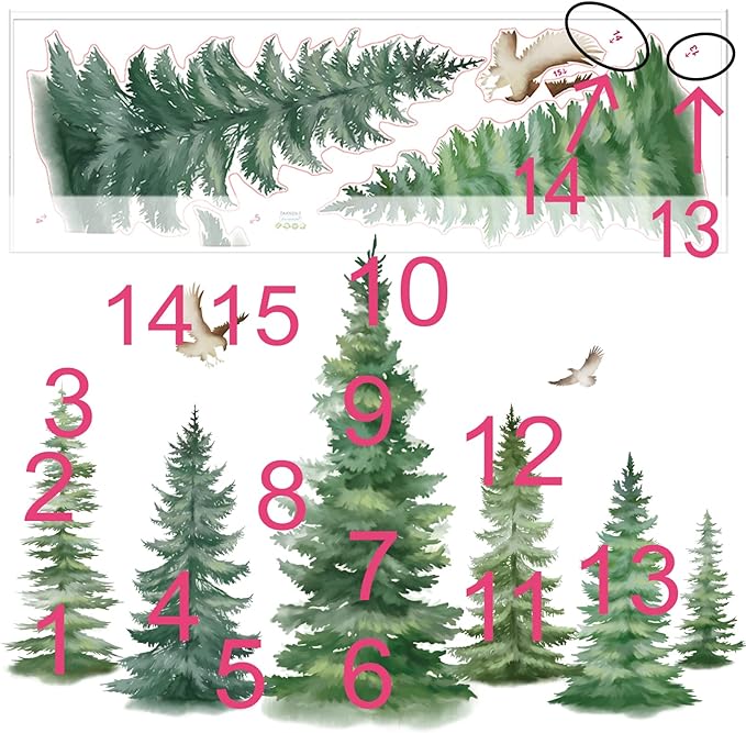 decalmile 6 Watercolor Pine Tree Wall Decals Christmas Woodland Wall Stickers Nursery Bedroom Living Room Wall Decor(H: 37inches)