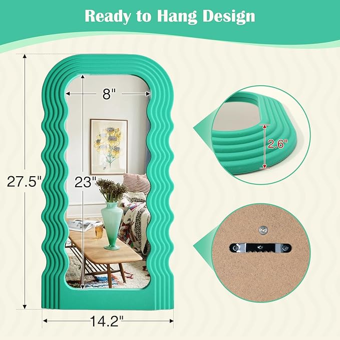 Irregular Wall Mirror Living Room Decor, 14x28 Arched Decorative Mirrors with Flocking Touch, Large Modern Wavy Mirror for Hallway Entryway Staircase, Over The Bed Wall Art Decoration (Green)
