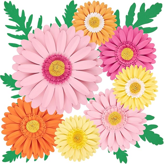 SUNBEAUTY Large Paper Flower Decoration for Wall 3D Large Paper Flower Pink Orange Daisy with Green Leaves Artificial Flower Wall Hanging for Classroom Bulletin Board Office Garden Tea Party Birthday