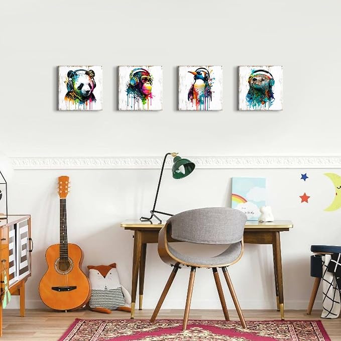 Colorful Animal Wall Art Funny Cute Bear Monkey with Headphone Canvas Prints Pictures Nursery Room Decor Cartoon Penguin Panda Paintings Artwork for Kids Bedroom Bathrooom Home Decoration 12x12” 4 Pcs