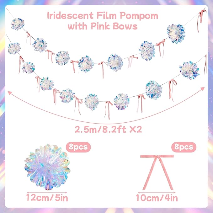Iridescent Party Decorations, Iridescent Pompom Garland with Pink Bow Banner 2 Piece, Shimmering Mantel Garland for Birthdays, Weedings, Girls Party Decorations