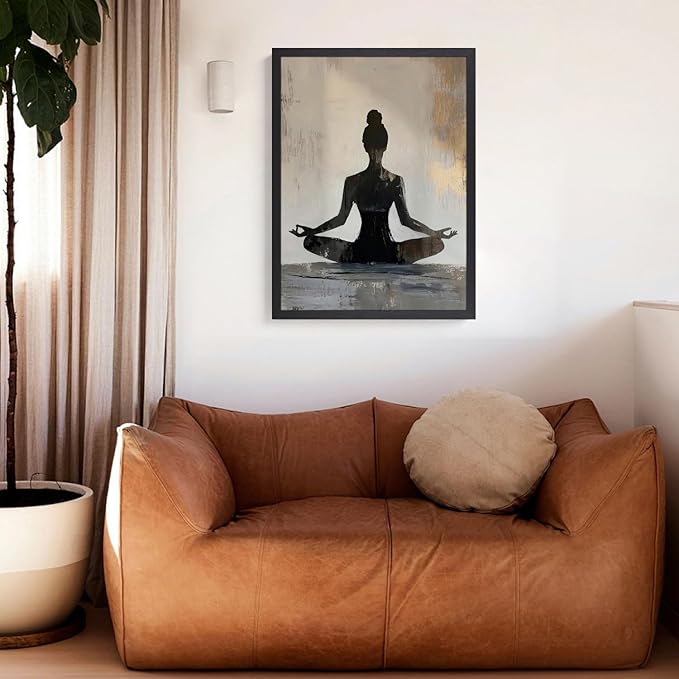 GELDSTEI Wood Framed Zen Wall Art, Modern Yoga Girl Canvas Painting, Tranquil Meditation Wall Decor, Spiritual Aesthetic Picture, Calming Mindfulness Poster Prints for Living Room Spa Yoga 16x24 Inch