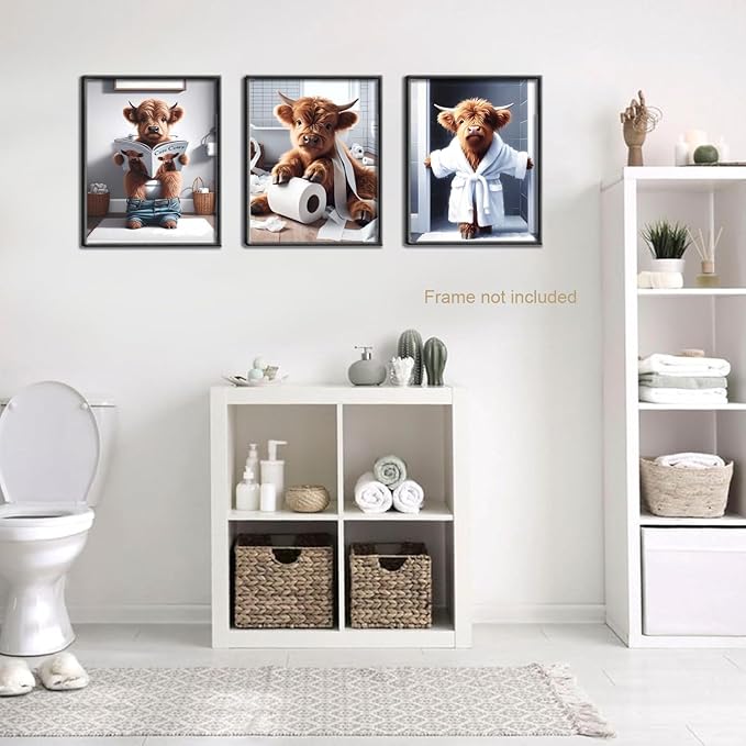 Funny Bathroom Highland Cow Wall Art, Brown Cute Cow Animal Canvas Posters Prints Wall Decor Set of 3, Vintage Rustic Farmhouse Home Painting Pictures for Kids Room Restroom 12x16 Inch Unframed