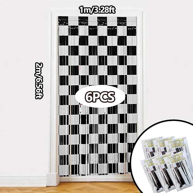 Race Car Birthday Party Streamers Backdrops Decorations, 6 Pcs Checkered Black White Foil Fringe Curtain Photo Booth Props for Racing Cars One Happy Dude Party Decor Supplies