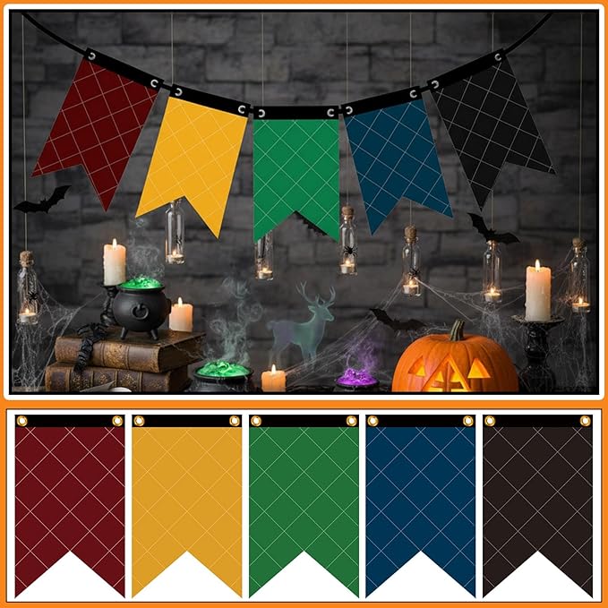 Newwiee Wizarding House Banner Flag Set, Magic Theme 12 x 20'' Polyester Flags Sign, Diamond Checkered Banners for Wall Decor, Bday Garland, Party Decoration, Photoshoot Backdrop