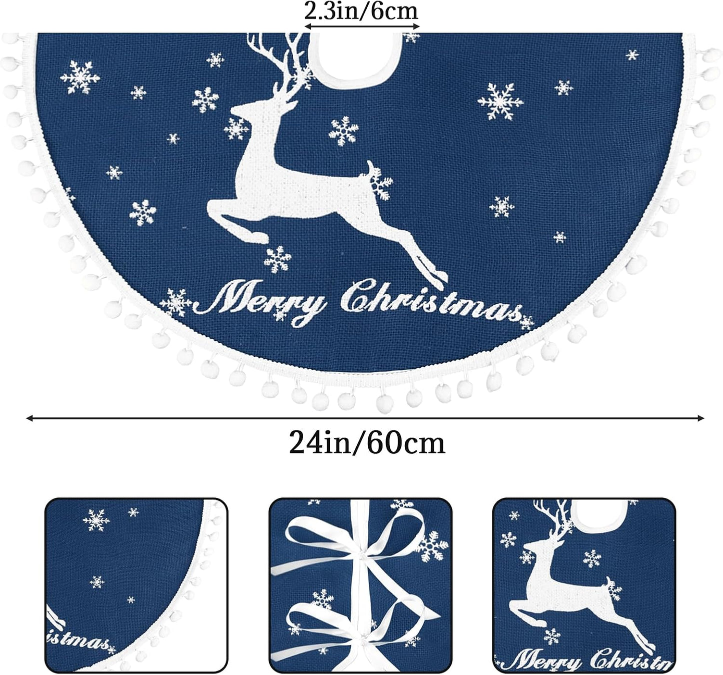 24 Inch Christmas Tree Skirt, Burlap Blue Christmas Rustic Tree Skirt with Elk Deer and White Snowflake Printed for Holiday Party Xmas Tree Decoration