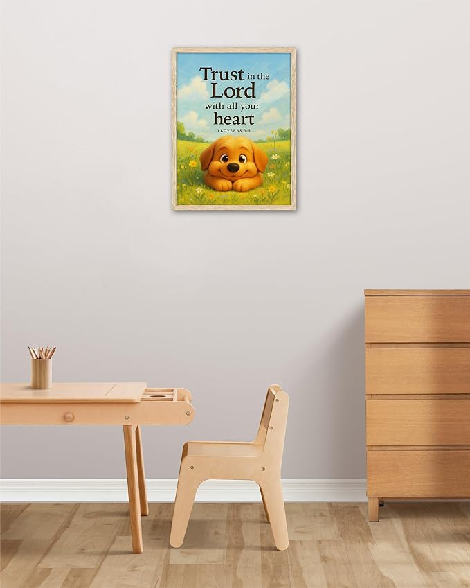 KensTro Natural OAK Wood Nursery Decor Framed Wall Art, 12x16 in Inspirational Christian Bible Verse Wall Art,Trust In the Lord with All Your Heart Proverbs 3:5 for Boys Girls Bedroom Decor Set of 1