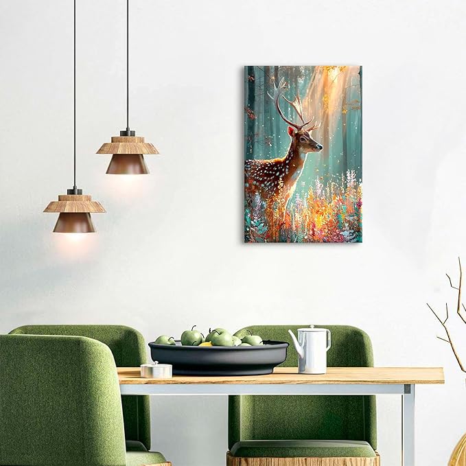 Fall Flower Wall Art Deer Wall Decor Autumn Forest Landscape Painting Wildlife Animal Canvas Prints Watercolor Wildflower Pictures Gold Woodland Artwork for Kitchen Living Room Home Decorations 16x24"