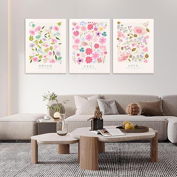 Djmwtb 3 Piece Canvas Wall Art Floral Wall Decor Flower Market Prints Pastel Paintings Pictures for Bedroom Bathroom Artwork 12x16in Framed