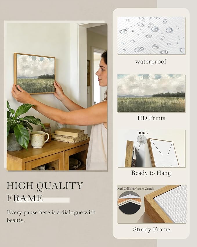 SHENIFY Vintage Landscape Framed Wall Art Country Meadow Scenery Farmhouse Decor Retro Painting for Living Room Bedroom Ready to Hang Wall Artwork - 11x14in Natural Framed