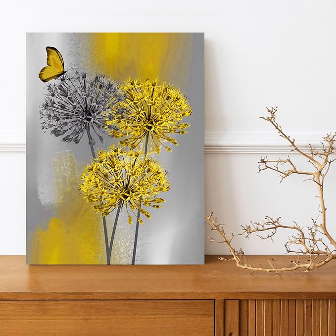 LB Yellow Dandelion Canvas Wall Art Yellow Grey Dandelion with Butterfly on Modern Abstract Wall Art Aesthetic Wall Decor for Living Room Bedroom Bathroom Office Framed Ready to Hang 16L x 12W