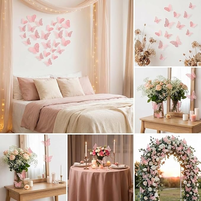 Bememo 72 Pieces 3D Butterfly Wall Decals Sticker Decal Wall Decor Art Decorative Sticker 3 Sizes for Room Offices Bedroom Bathroom Living Room Decor(Light Pink)