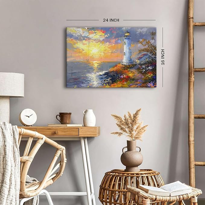 Sunset Coastal Wall Art Lighthouse Pictures Abstract Nature Beach Scenery Canvas Prints Ocean Landscape Wall Decor Seascape Poster Painting Artwork for Bedroom Bathroom Home Decorations 16x24"