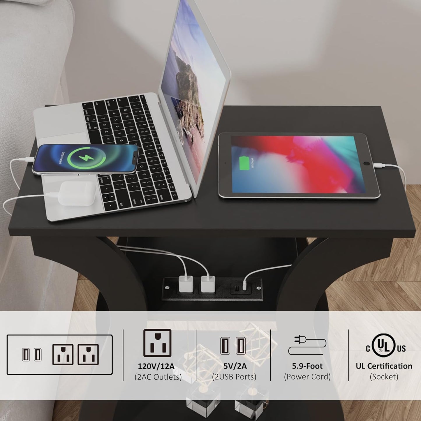 Black End Table Set of 2 with Charging Station, Side Table with USB Ports and Outlets, Black Nightstand, 3 Tier End Table with Storage Shelf for Living Room, Bedroom
