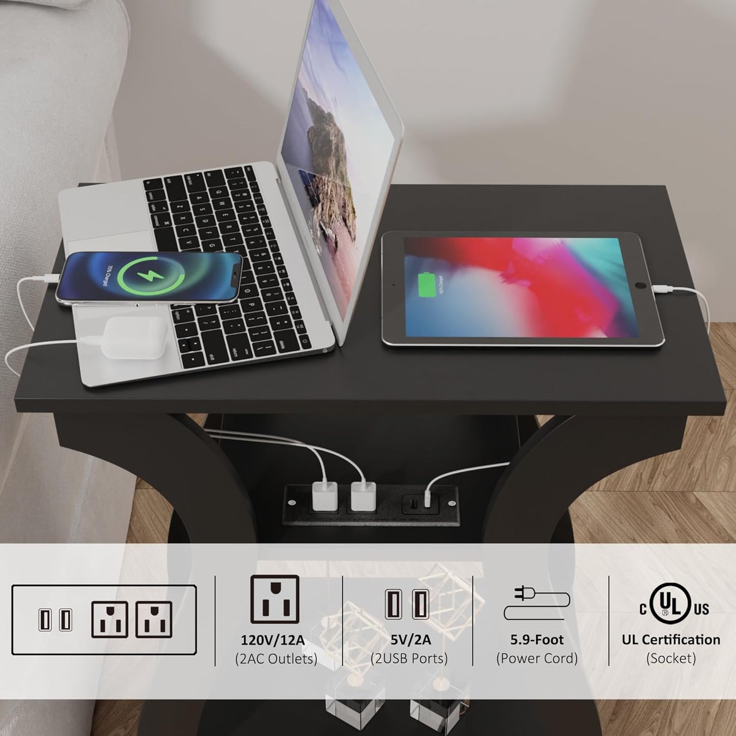 End Table with Charging Station, Side Table with USB Ports and Outlets, Nightstand, 3 Tier End Table with Storage Shelf for Living Room, Bedroom (Black)