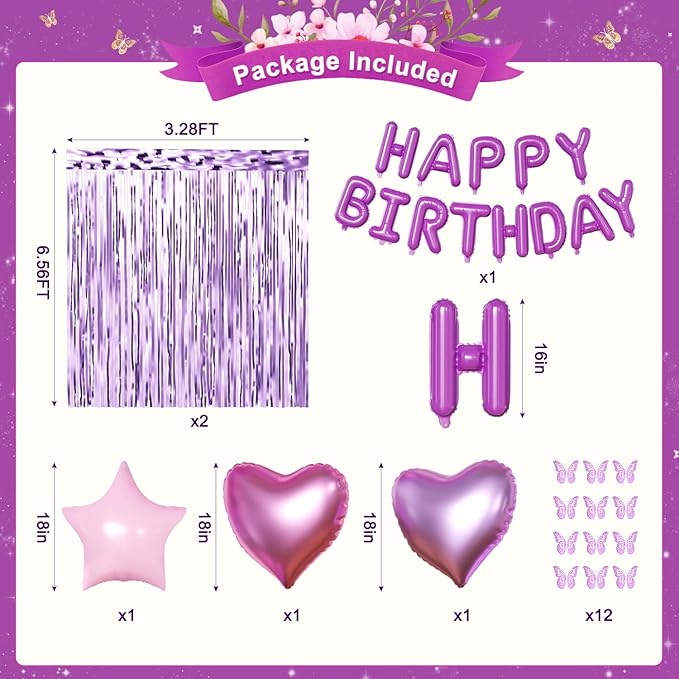 Purple Pink Birthday Decorations, Metallic Magenta Purple Lavender Balloons Confetti Foil Balloons Happy birthday Banner Butterfly Fringe Curtains Birthday Decorations for Women Teens Girls