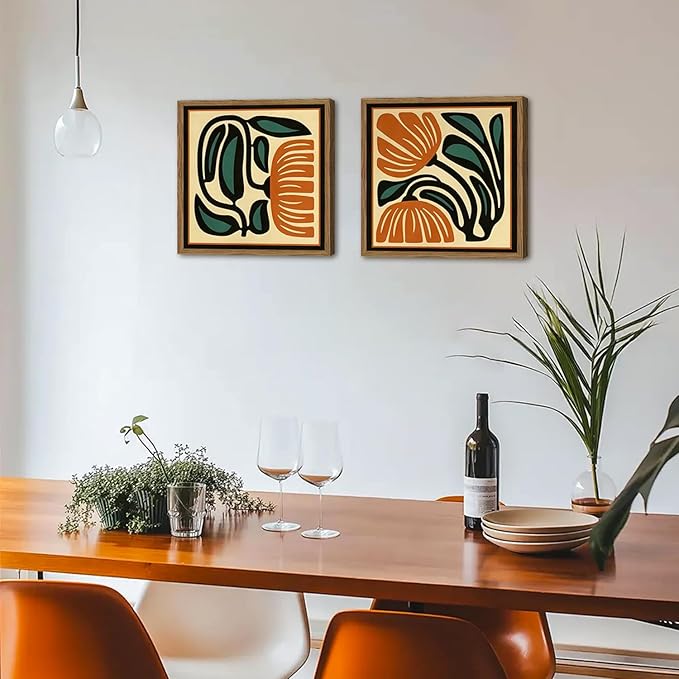 Mid Century Floral Wall Art Set of 2, Modern Square Abstract Botanical Wall Decor Picture, Vintage Boho Eclectic Plant Canvas Prints Paintings for Bedroom Living Room 24x24 inch Wood Framed