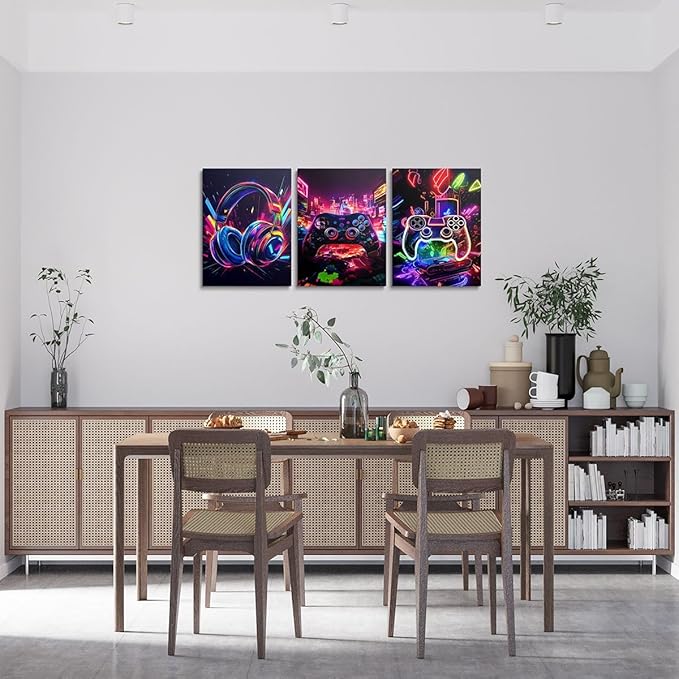 Feelyou Gamer Canvas Wall Art for Living Room - 12" x 16" 3 Piece Game Controller Picture - Gaming Gifts Bathroom Decor - Gamepad Office Decorations Artwork Posters - Purple Painting