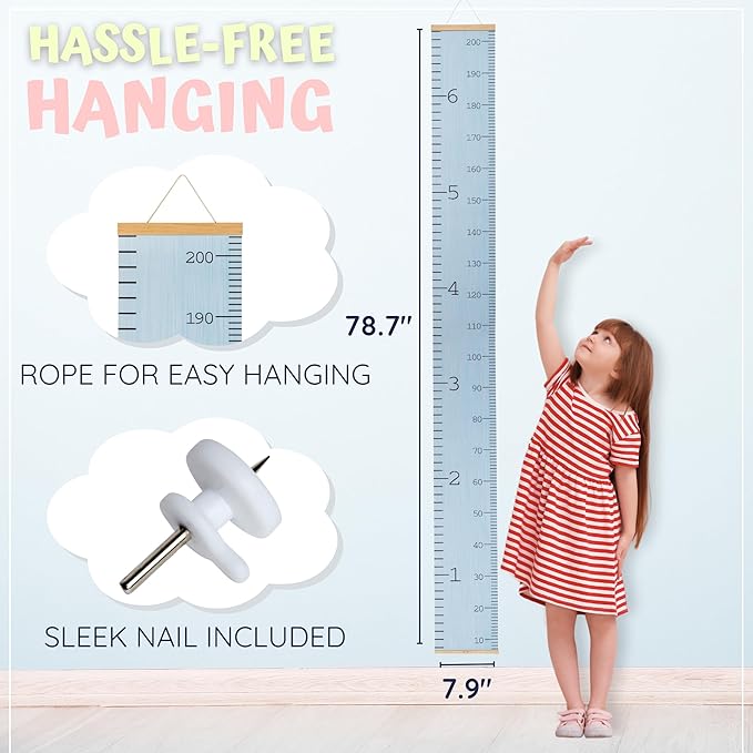 Growth Chart for Wall - Height Chart for Toddlers (79” x 7.9”) - Canvas Kids Tape Measure Chart - Growth Chart for Kids w/Wood Frame Panel - Neutral Color Height Measurement for Wall & Home Décor