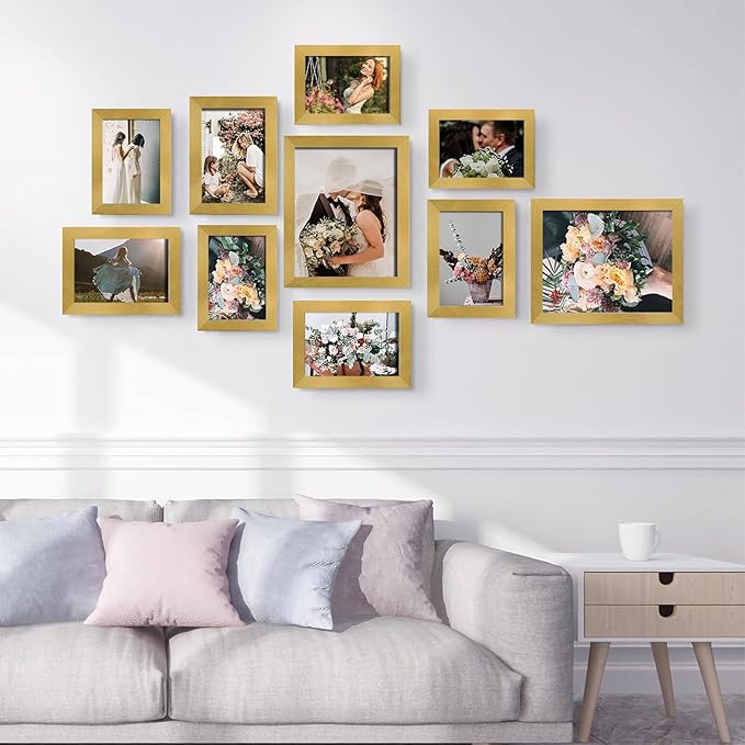 LUCKYLIFE Picture Frames Collage Wall Decor 10-Pack, Gallery Wall Frame Set with 8x10 5x7 4x6, Gold