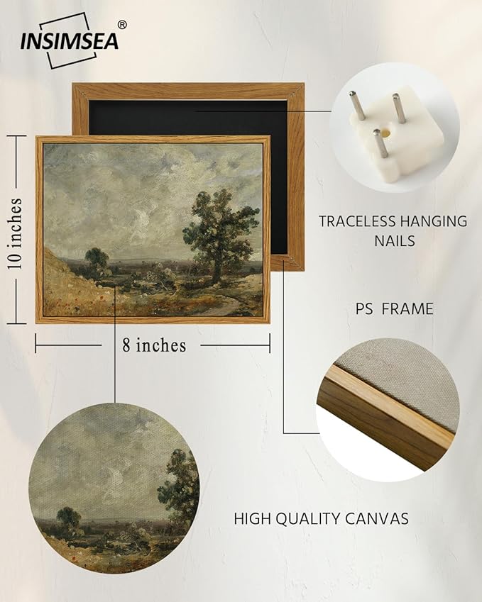 InSimSea Framed Canvas Print Art, Vintage Countryside Landscape Painting, Rustic Farmhouse Cottage Decor for Hallway Wall Floating Shelf Desk Vanity Fireplace,10x8 in, Earth Tones