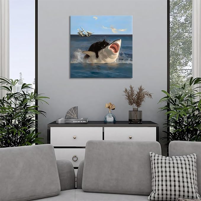 Yaneiro Framed Black Cat Bathroom Wall Art, Funny Quirky Cat and Shark Pictures Canvas Print, Abstract Black Cat Shark Posters Wall Decor for Room Bedroom Living Room Bathroom 20x20 in