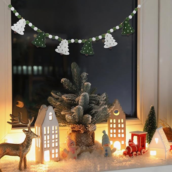 Christmas Felt Garland 3D Coquette Xmas Tree Pom Ball Banner Holiday Decorative Hanging Bunting Garland for Home Mantel Fireplace Window Wall Decor(Green White,Classic Tree)