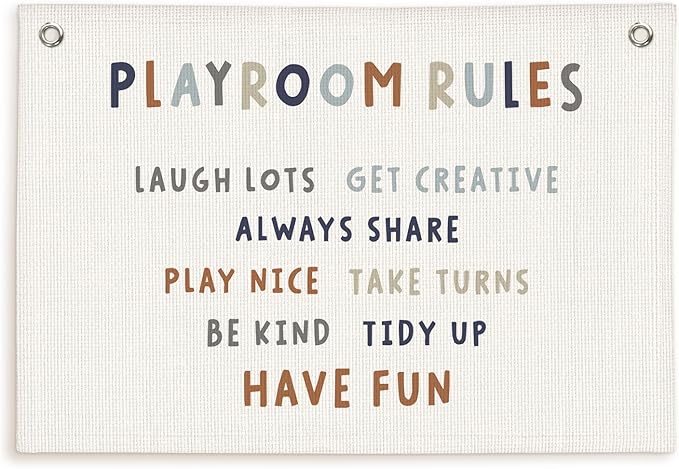 Lacama Play Room Wall Decor Rules Linen Banner, Kids PlayRoom Decor for Kids Nursery Home School, Nursery Wall Decor Toddler Boys, 30x20