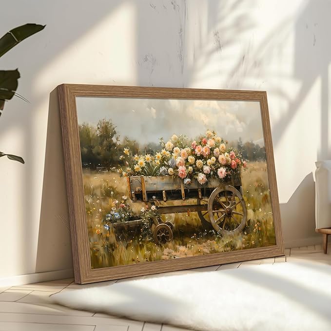 Framed Rustic Floral Wagon Canvas Wall Art Vintage Farm Cart Flower Painting Country Landscape Picture Print for Living Room Bedroom Farmhouse Decor 16x24in