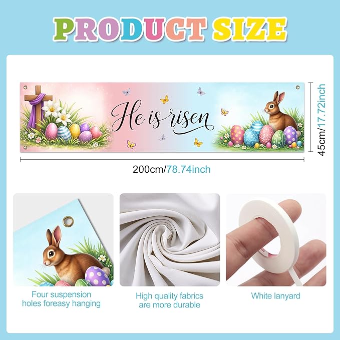 He Is Risen Easter Banner Christian Spring Decor 78 x 17 Inch Religious Easter Banner with Cross Eggs Bunny Scene for Church Yard Fence Door Wall Indoor Outdoor Display