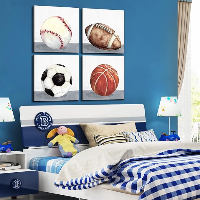 Sports Wall Art Kids Boys Sports Room Decor Soccer Football Baseball Basketball Pictures Canvas Prints Nursery Toddler Watercolor Sport Ball Posters Baby Home Decoration Christmas Gifts 12x12” 4 Piece