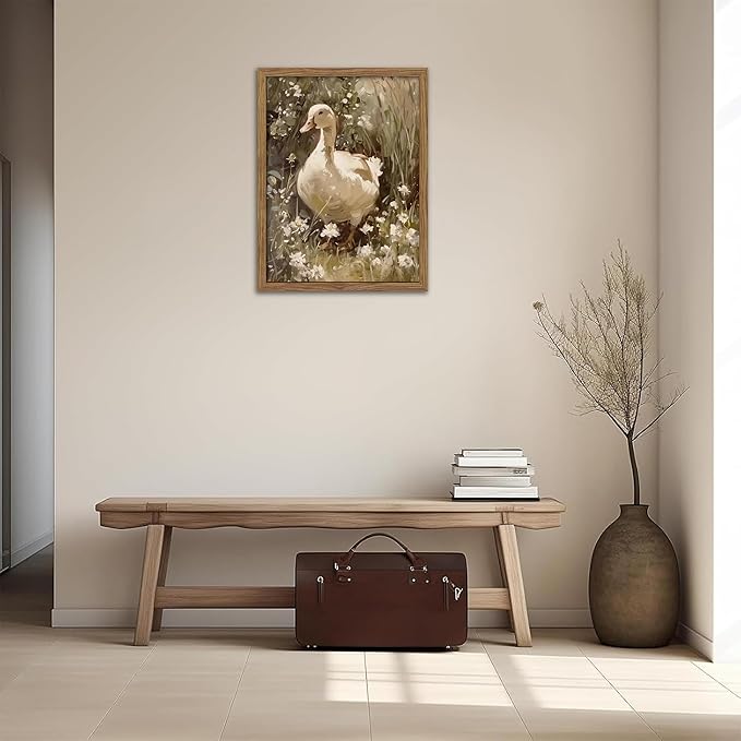 Framed Goose Wall Art, Rustic Vintage Floral Animal Oil Painting, Retro Farmhouse Country Pictures Artwork, Cottagecore Canvas Prints Wall Decor for Living Room Bedroom Farm – 12x16 inch