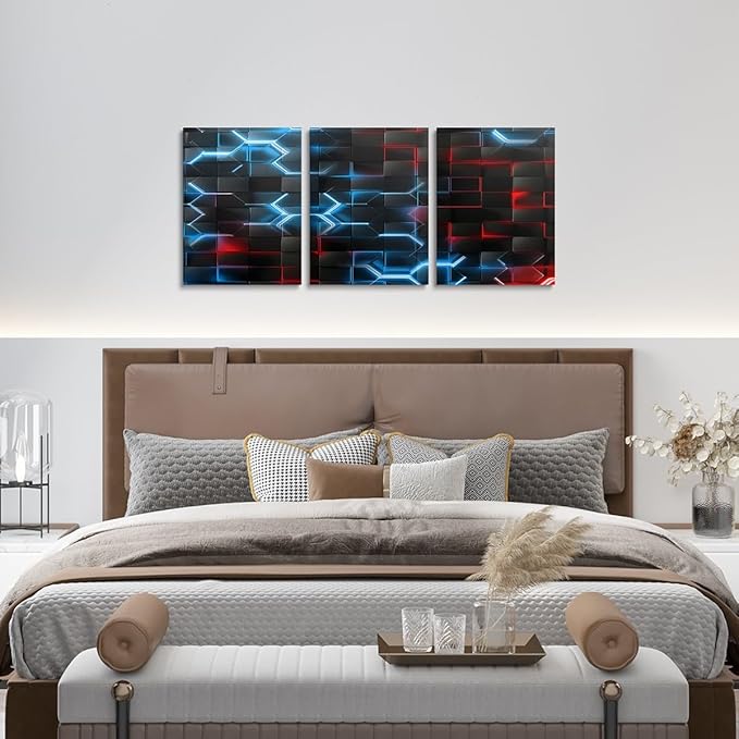 Feelyou Blue and Red Picture Wall Decor 12"x16" 3 Piece Honeycomb Canvas Wall Art Decor Hexagon Theme Office Decorations Artwork Posters Geometrical Beehive Painting