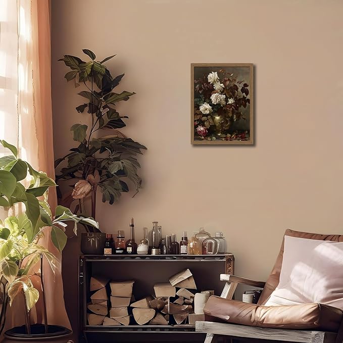 Framed Vintage Floral Large Wall Art，Rose Bouquet Flower Paintings Decor Aesthetic Canvas Print Artwork Still Life Retro Wall Pictures for Bedroom Living Room wooden frame 12x16in