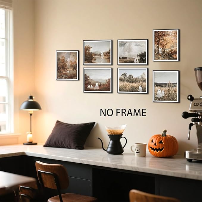 Mynotix Funny Halloween Poster Set of 7, Cute Ghost Country Landscape Wall Art, Vintage Haunted Forest Canvas Painting Print Pictures for Bedroom Living Room Dorm Unframed 8x10 inch
