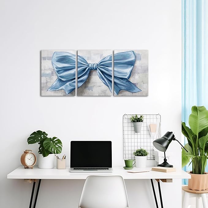 HOMEOART Bow Painting Canvas Print Bow Picture Bathroom Decor Bedroom Wall Decor 12x16inchx3Pieces Framed (Light Blue)