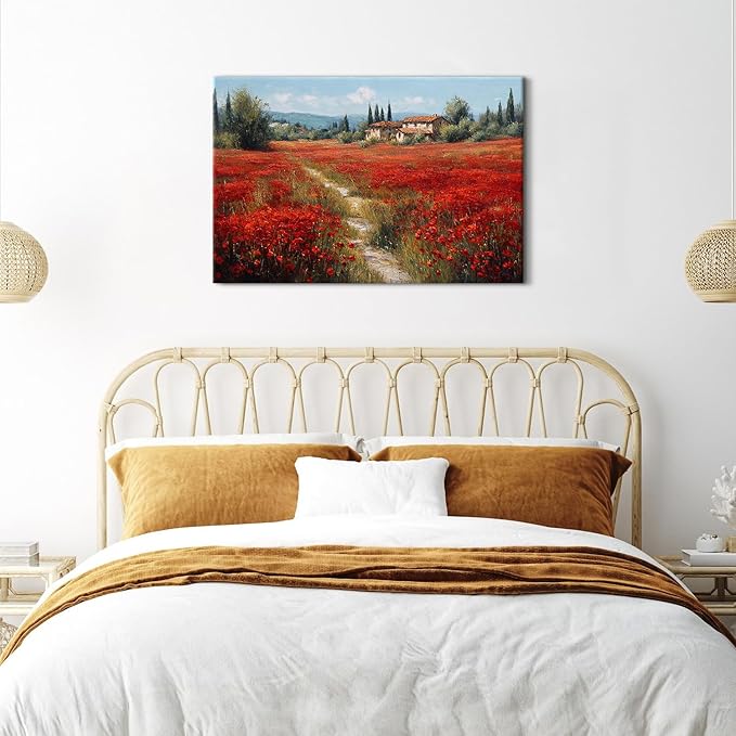 Red Poppy Wall Art Abstract Flowers Landscape Canvas Wall Decor Nature Wildflower Paintings Pictures Rural Floral Field Scenery Posters Farmhouse Artwork for Bedroom Bathroom Home Decorations 24x36"