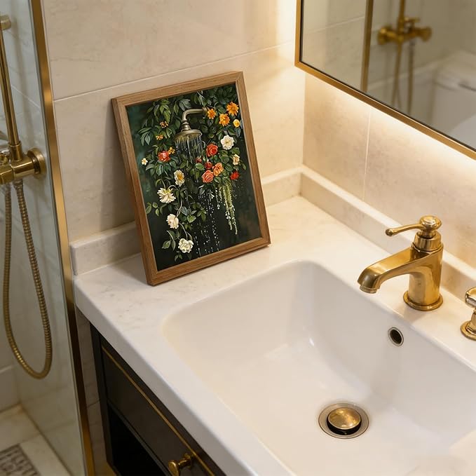 Framed vintage floral wall art Green Botanical Flowers Waterfall Bathroom Wall Decor Boho Spa Aesthetic Flower Artwork for Bathtub Shower Walls Small Bathroom Home Living Room 8x10 inch