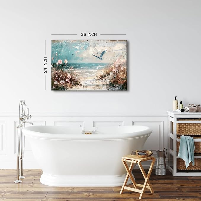 Blue Ocean Canvas Wall Art Coastal Picture Seagull Wall Decor for Bedroom Beach Poster Seabird Painting Pink Flower Picture Vintage Seascape Nautical Artwork for Kitchen Living Room Home Decor 24x36"