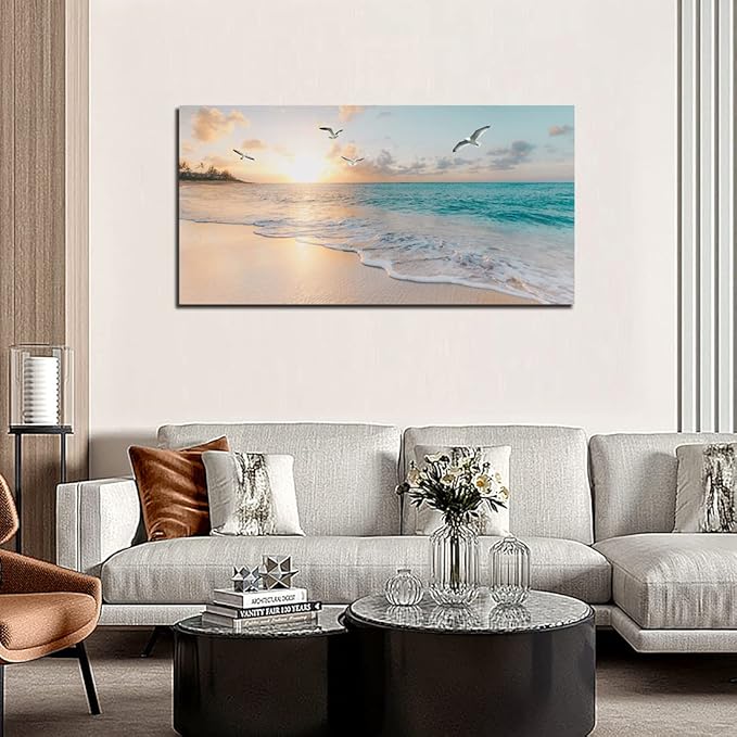 Beach Wall Art Decor for Living Room Ocean Canvas Picture for Wall Gold Sunset Painting for Bedroom Blue Seascape Theme Art Print for Bathroom Home Office Decoration Ready to Hang(20"×40")