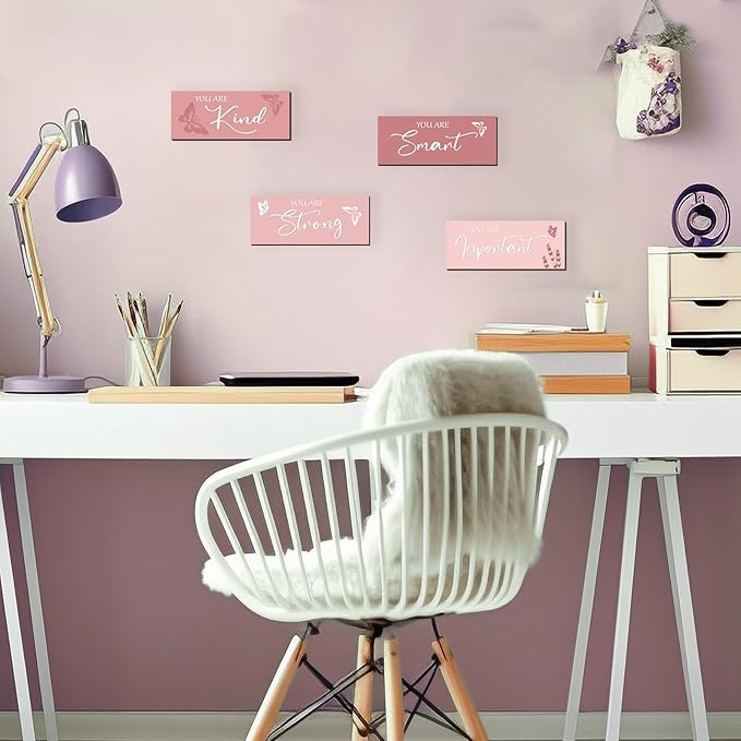 FENCORDAR 4 Pcs Butterfly Wall Decor Girls Room Decor Wooden Pink Wall Decor Positive Butterfly Wall Art Prints Inspirational Gift for Teen Girls Women Room Nursery Bedroom Bathroom(Pink, 10x4)